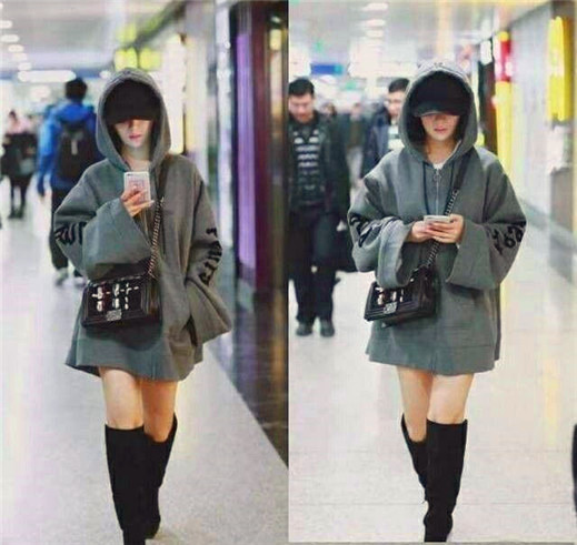 杨紫机场被拍本想秀美腿，却被衣服的图案抢镜，网友：这宣传绝了